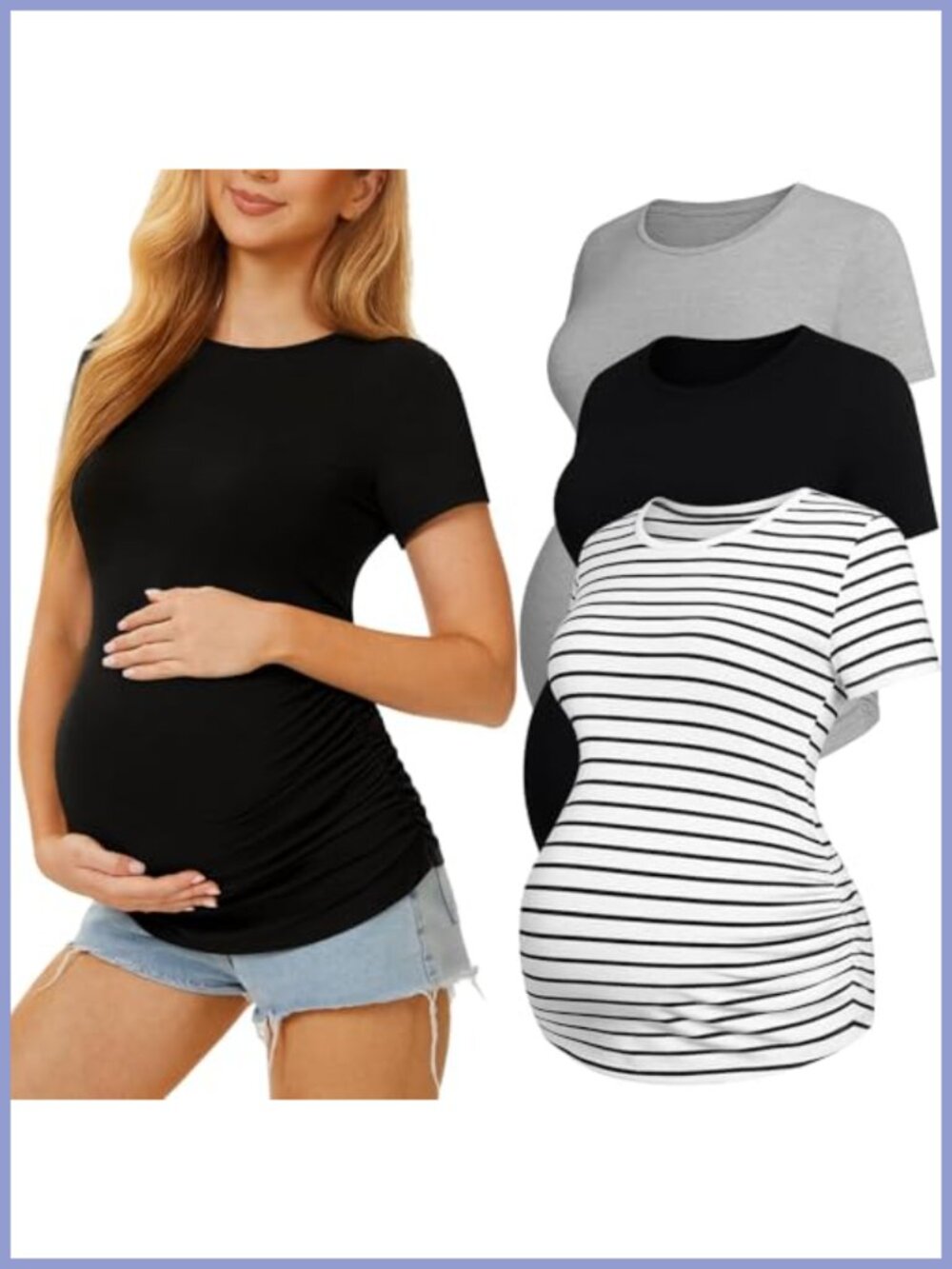 MIRAZEN 3 Pack Maternity T-Shirts Crew Neck Short Sleeve Ruched Stretch